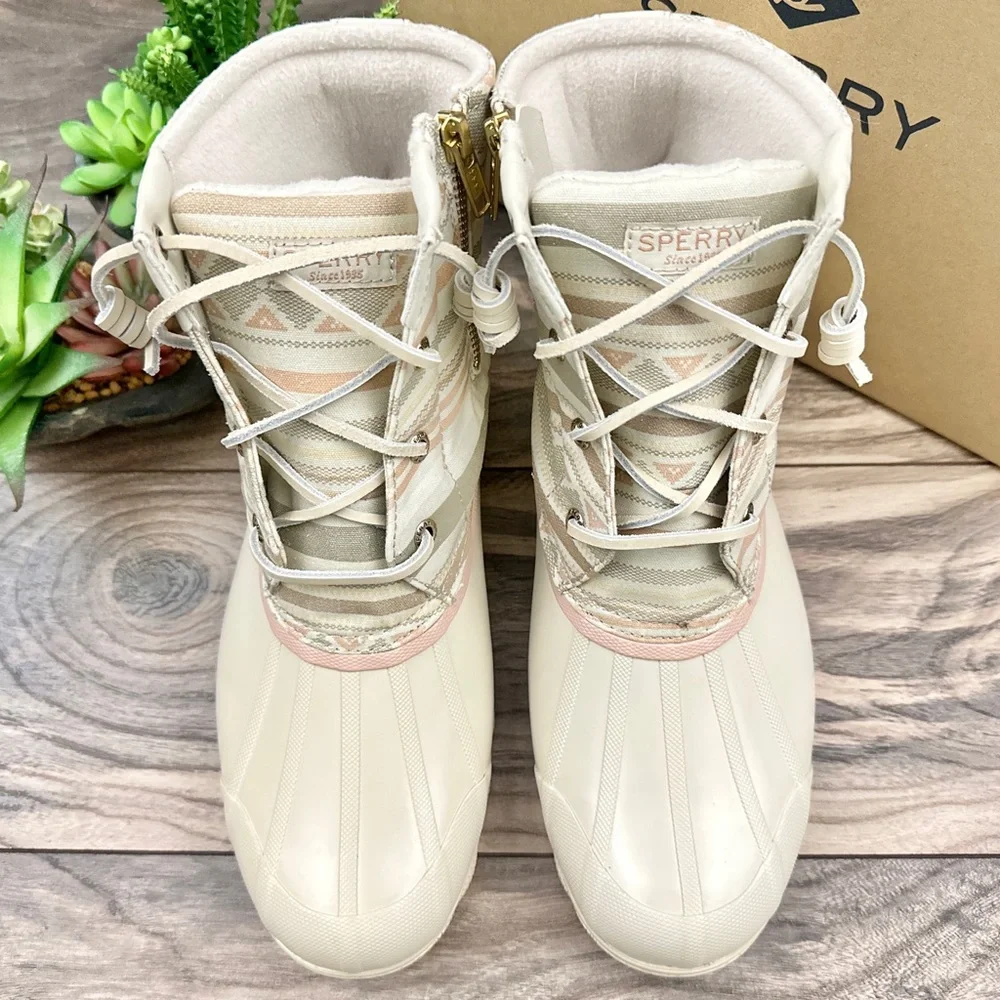 NIB Sperry Syren Gulf Playa Tan Striped Geometric Waterproof Duck Rain Boots - Picture 3 of 15
